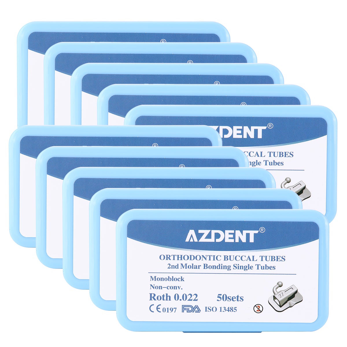 10 Boxes AZDENT Dental Orthodontic Buccal Tube 2nd Molar Bondable Monoblock Non-Convertible Roth 0.022 Laser Mark 50Sets/Box - azdentall.com