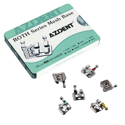 AZDENT Dental Orthodontic Metal Brackets Braces Mini Roth 0.022 Hooks on 345 Mesh Base 50Sets/Box (1000pcs) - azdentall.com