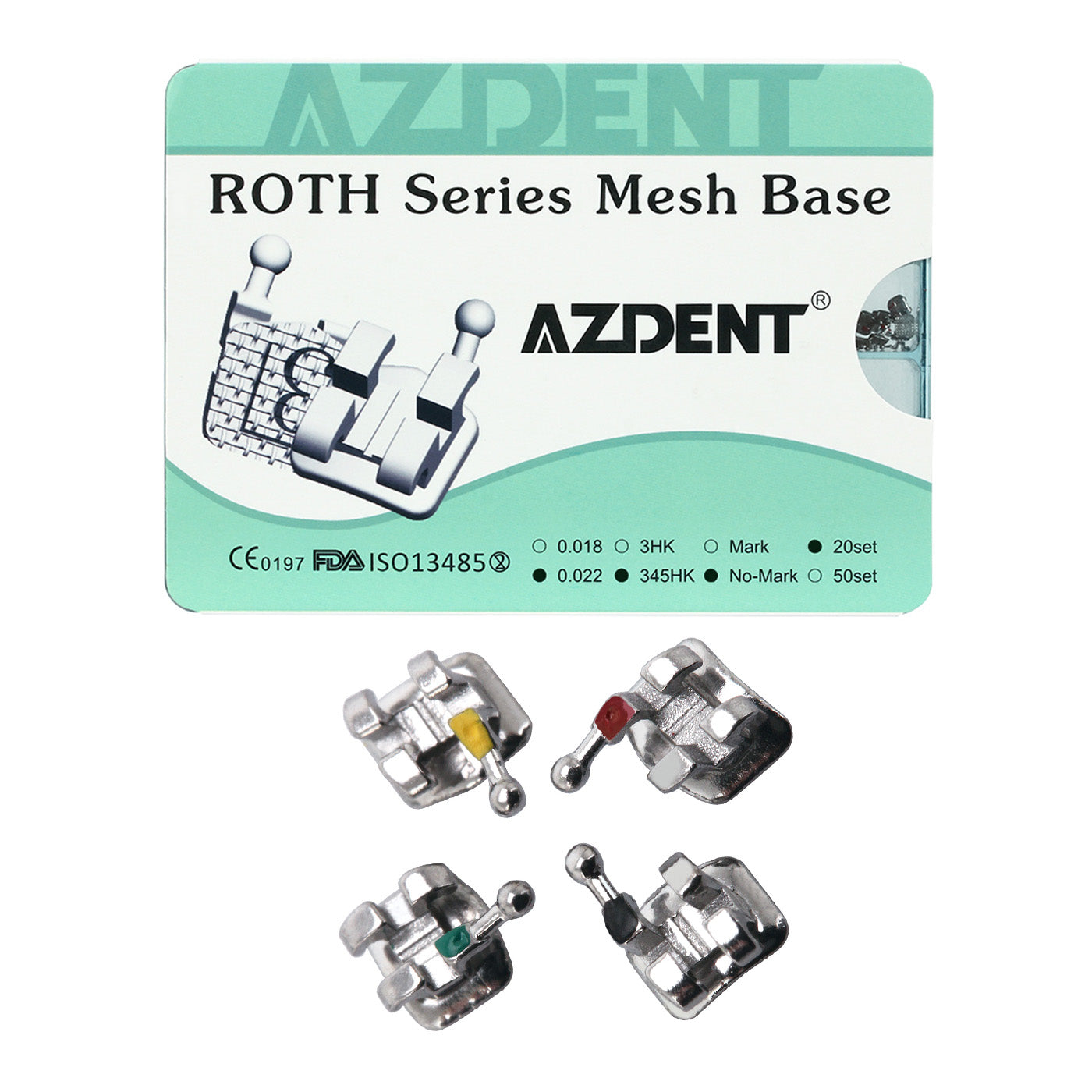 AZDENT Dental Mesh Base Metal Brackets Mini Roth .022 Hooks on 345 400pcs/Box - azdentall.com