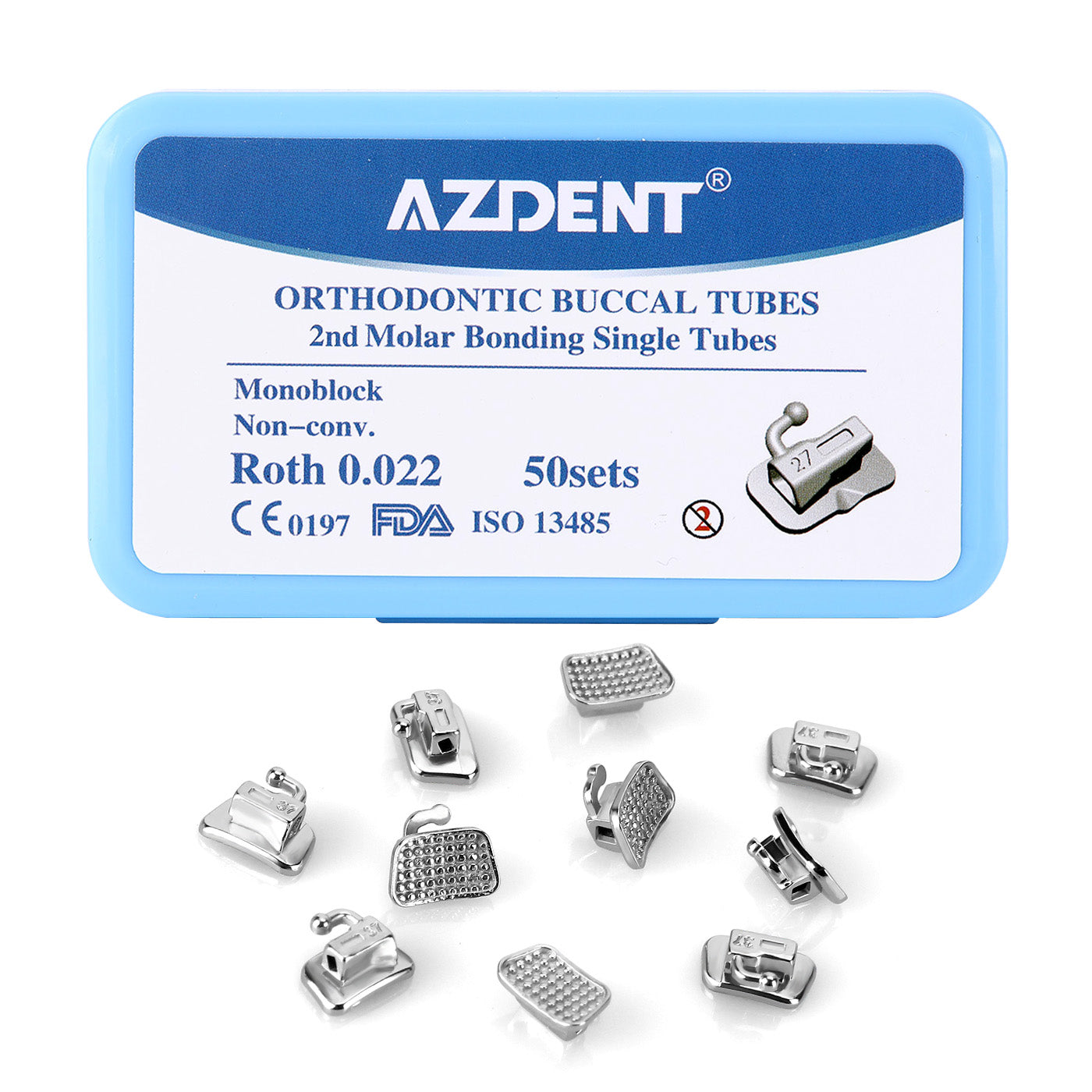 AZDENT Dental Orthodontic Buccal Tube 2nd Molar Bondable Monoblock Non-Convertible Roth 0.022 Laser Mark 50Sets/Box - azdentall.com