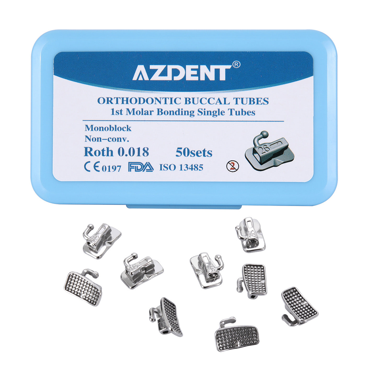 AZDENT Dental Orthodontic Buccal Tube 1st Molar Monoblock Non-Convertible Roth 0.018 50Sets/Box - azdentall.com