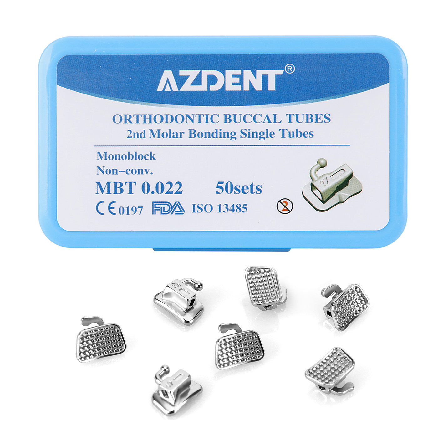 AZDENT Dental Orthodontic Buccal Tube 2nd Molar Bondable Monoblock Non-Convertible MBT 0.022 Laser Mark 50Sets/Box(200pcs) - azdentall.com