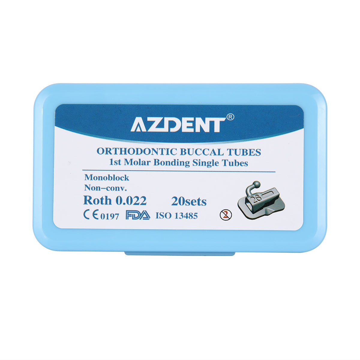 AZDENT Dental Orthodontic Buccal Tube 1st Molar Bondable Monoblock Non-Convertible Roth 0.022 Laser Mark 20Sets/Box - azdentall.com