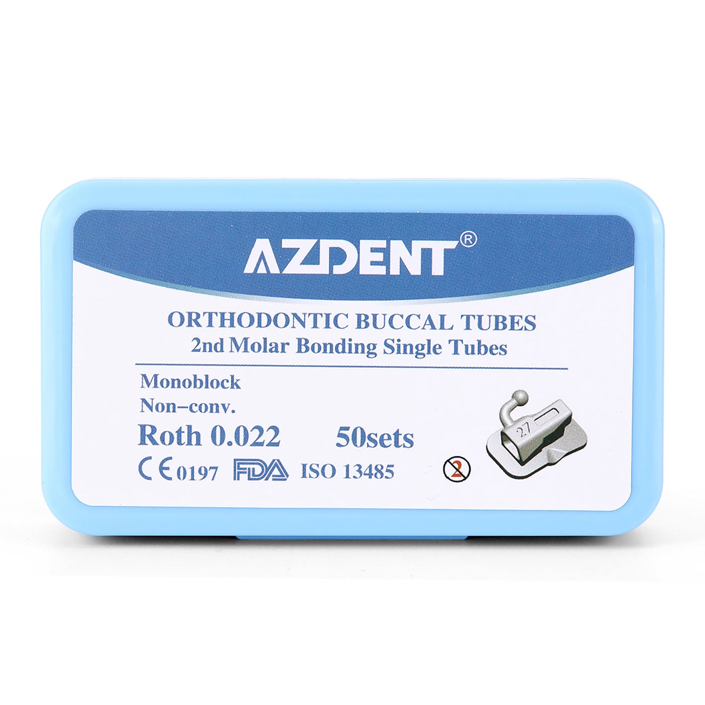 AZDENT Dental Orthodontic Buccal Tube 2nd Molar Bondable Monoblock Non-Convertible Roth 0.022 Laser Mark 50Sets/Box - azdentall.com