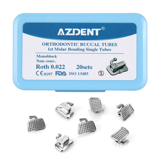 AZDENT Dental Orthodontic Buccal Tube 1st Molar Bondable Monoblock Non-Convertible Roth 0.022 Laser Mark 20Sets/Box - azdentall.com