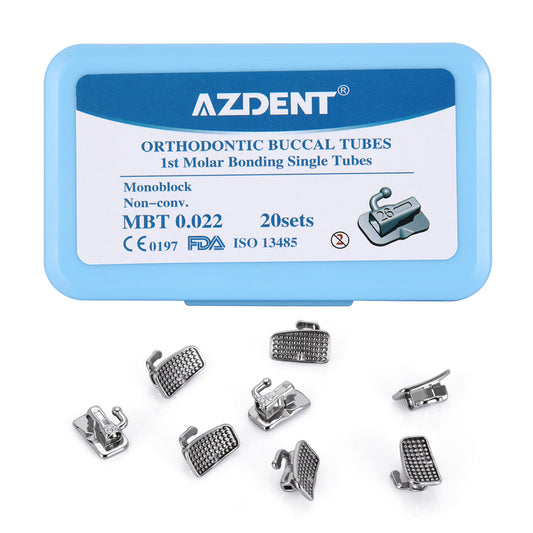 AZDENT Dental Orthodontic Buccal Tube 1st Molar Bondable MIM Monoblock Non-Convertible MBT 0.022 Laser Mark 20Sets/Box - azdentall.com