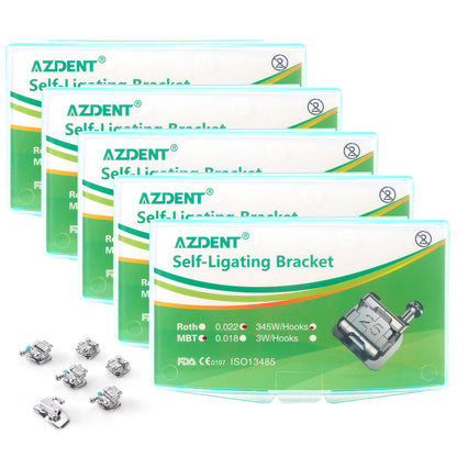 5 Boxes AZDENT Dental Metal Self-Ligating Brackets Mini MBT .022 Hooks 345 24/Kit - azdentall.com