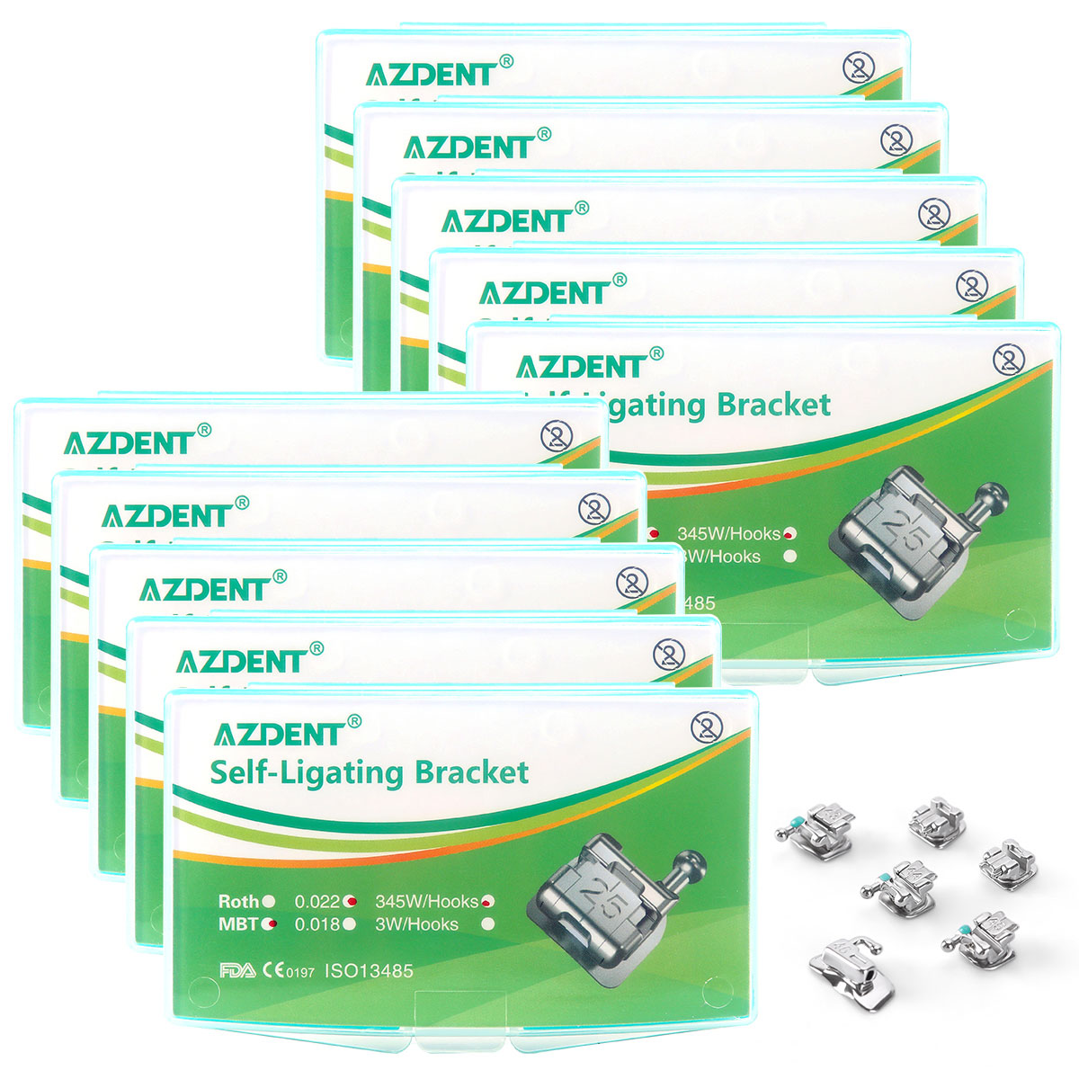 10 Boxes AZDENT Dental Metal Self-Ligating Brackets Mini MBT .022 Hooks 345 24/Kit - azdentall.com