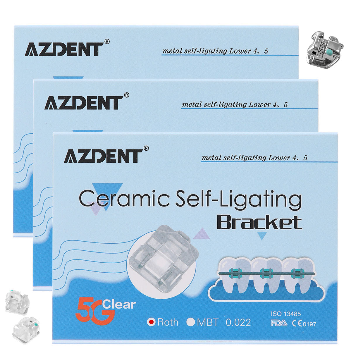 3 Boxes AZDENT Dental 5G Clear Ceramic Self-Ligating Bracket Roth 0.022 with Upper 3 Hook 20pcs/Box - azdentall.com