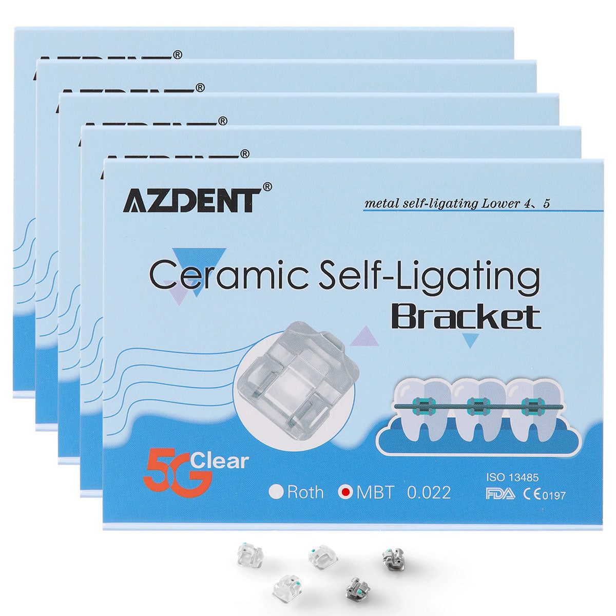 5 Boxes AZDENT Dental 5G Clear Ceramic Self-Ligating Bracket MBT 0.022 with Upper 3 Hook 20pcs/Box - azdentall.com