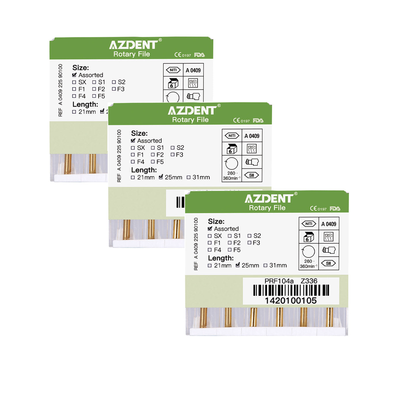 AZDENT Dental NITI Protaper Rotary Engine Files Heat Activated 25mm Assorted SX-F3 6pcs/Pk-azdrntall.com