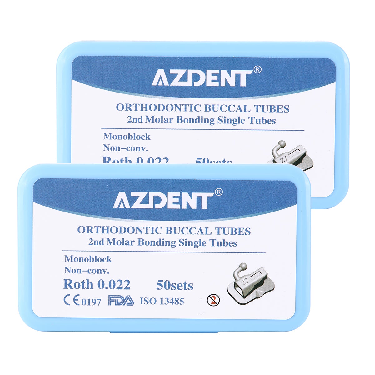 2 Boxes AZDENT Dental Orthodontic Buccal Tube 2nd Molar Bondable Monoblock Non-Convertible Roth 0.022 Laser Mark 50Sets/Box - azdentall.com