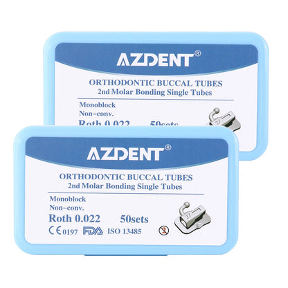 2 Boxes AZDENT Dental Orthodontic Buccal Tube 2nd Molar Bondable Monoblock Non-Convertible Roth 0.022 Laser Mark 50Sets/Box - azdentall.com