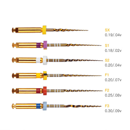 AZDENT Dental NiTi Protaper Rotary Engine Files 25mm Assorted SX-F3 Gold Taper 6pcs/Pk-azdentall.com