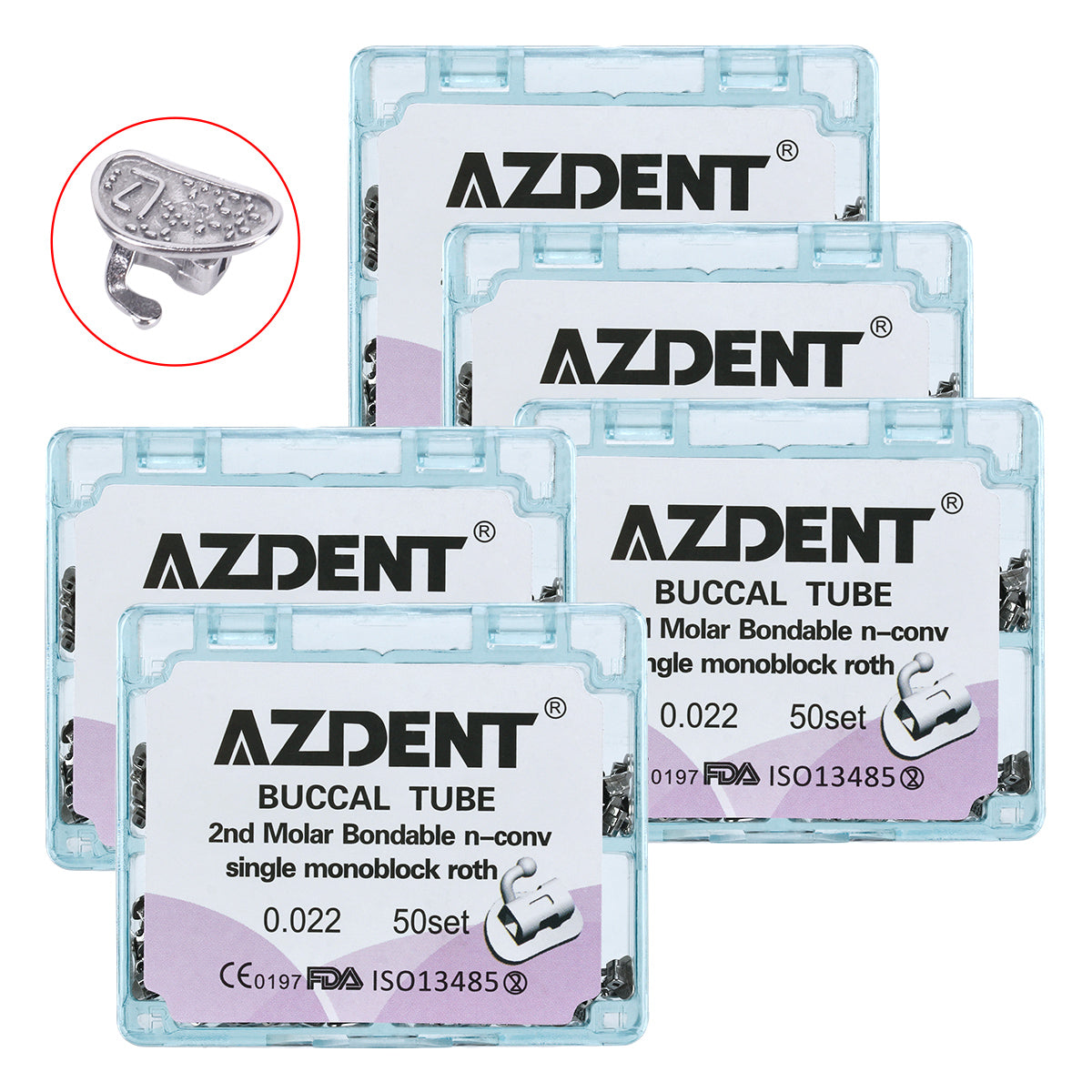 5 Boxes AZDENT Dental Orthodontic Buccal Tube 2nd Molar Bondable Monoblock Non-convertible Roth 0.022 50Sets/Box - azdentall.com