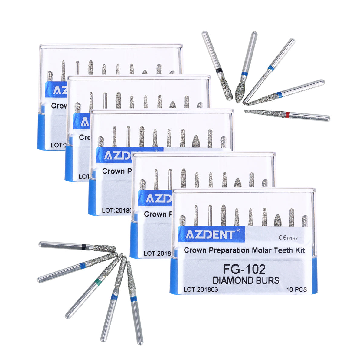 AZDENT Dental Diamond Bur FG-102 Crown Preparation Molar Teeth Kit 10pcs/Kit-azdentall.com