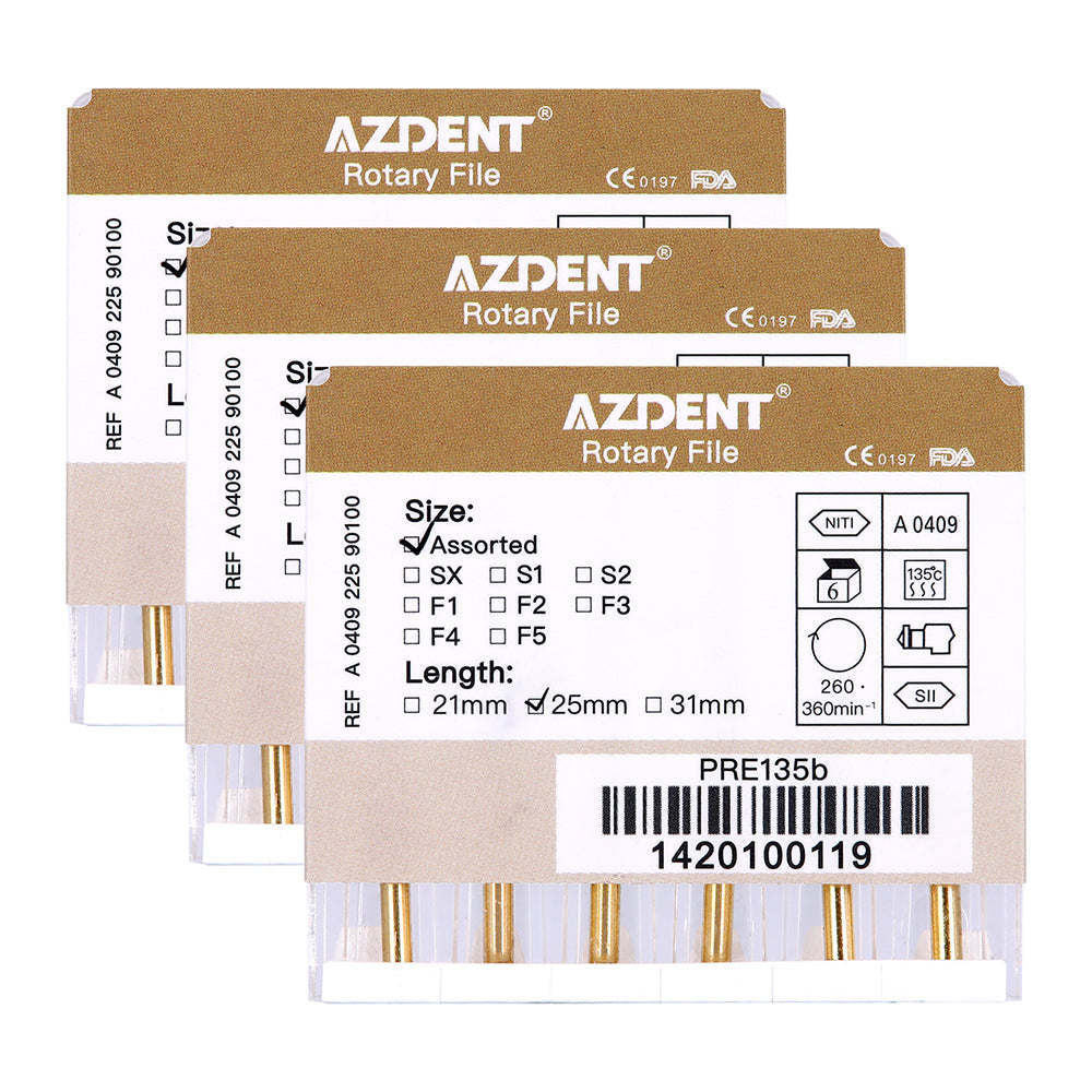 AZDENT Dental NiTi Protaper Rotary Engine Files 25mm Assorted SX-F3 Gold Taper 6pcs/Pk-azdentall.com