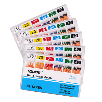 AZDENT Gutta Percha Points #15-40 Taper Size 0.02 Color Coded 7 Models 120/Box-azdentall.com