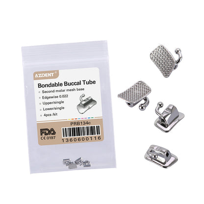 AZDENT Dental Buccal Tube 2nd Molar Bondable Non-Convertible Edgewise .022 Assorted Quadrants(UR UL LL LR) 4pcs/Bag - azdentall.com