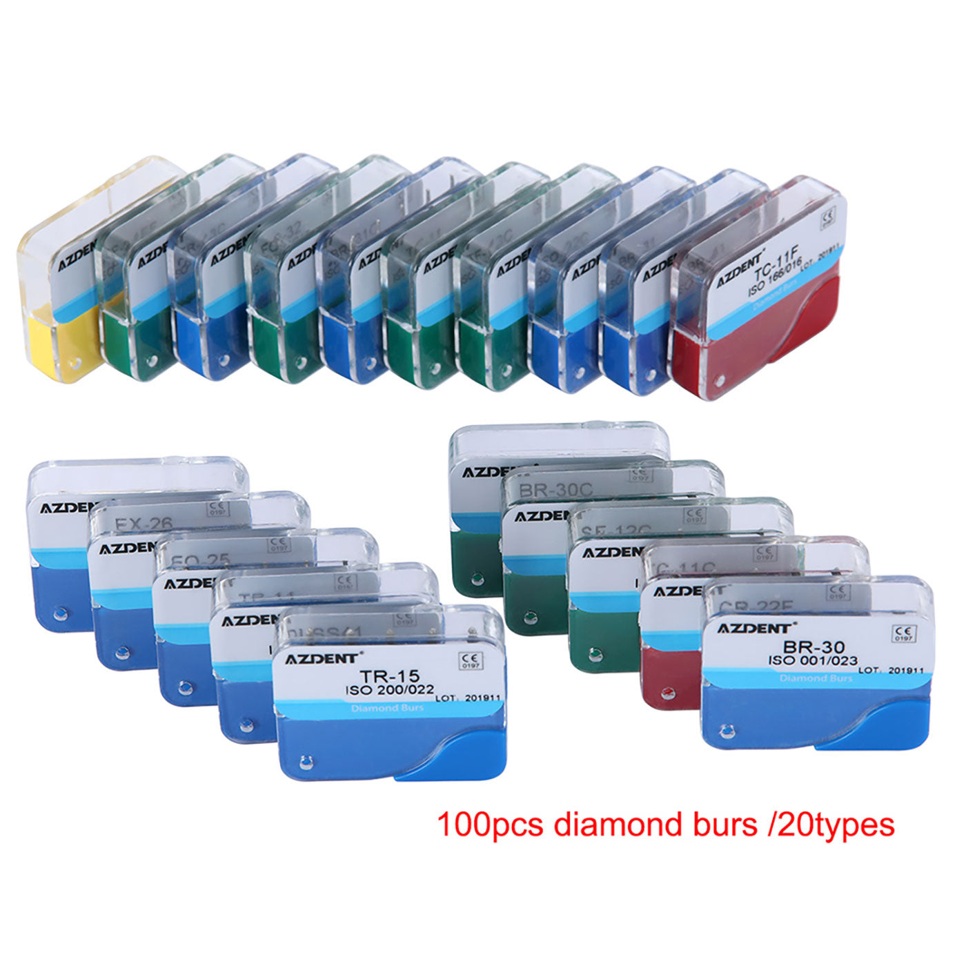 100pcs AZDENT Dental Diamond Burs FG 1.6MM 20 Fixed Types 20 Boxs/Kit