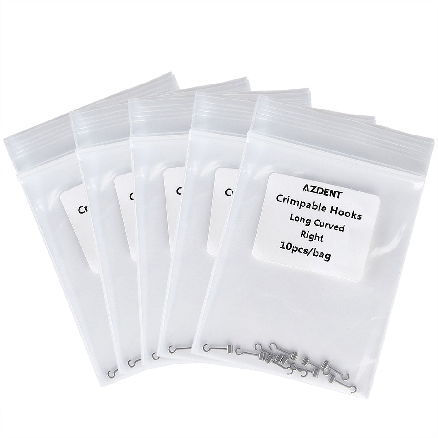 5 Bags AZDENT Crimpable Hooks Long Curved Right 0.022 5.5mm 10pcs/Bag - azdentall.com