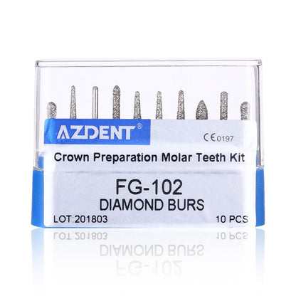 AZDENT Dental Diamond Bur FG-102 Crown Preparation Molar Teeth Kit 10pcs/Kit-azdentall.com