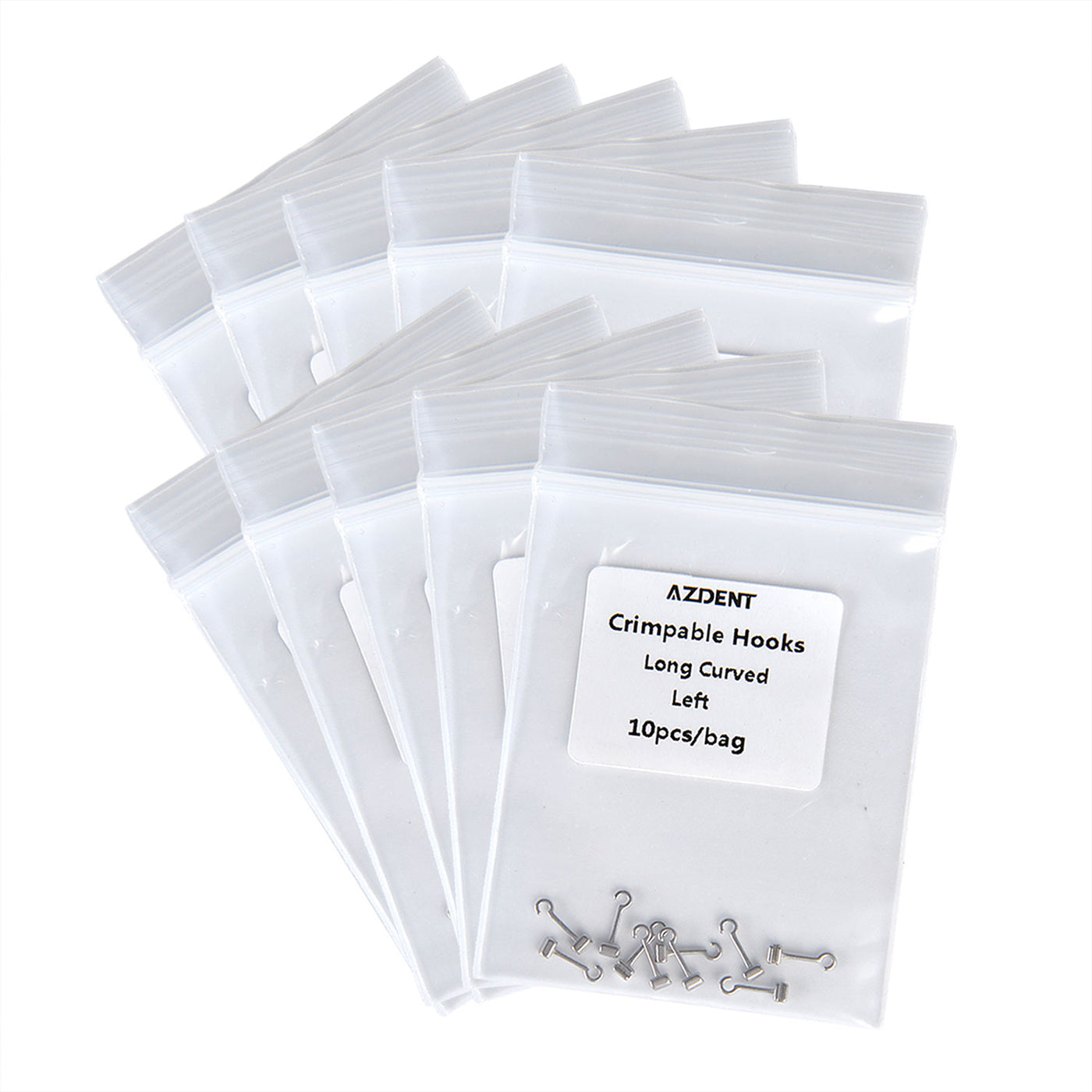 10 Bags AZDENT Crimpable Hooks Long Curved Right / Left 0.022 5.5mm 10pcs/Bag - azdentall.com