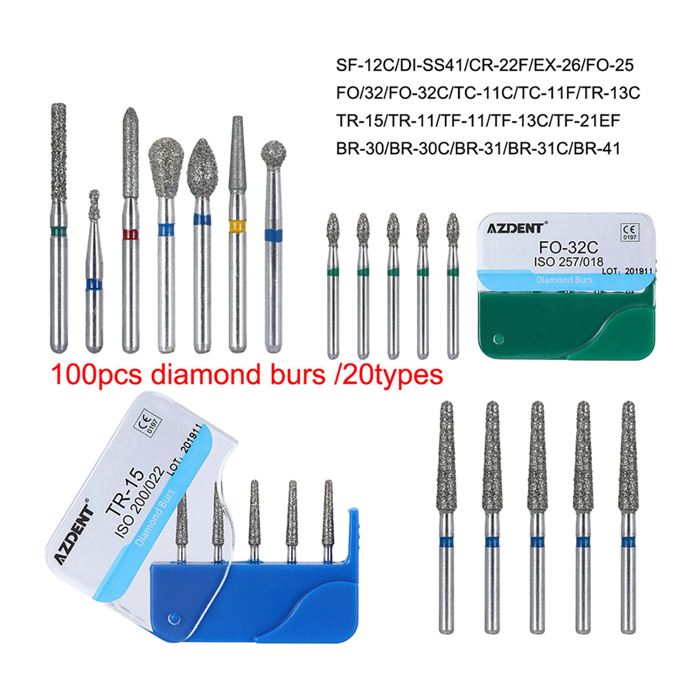 100pcs AZDENT Dental Diamond Burs FG 1.6MM 20 Fixed Types 20 Boxs/Kit