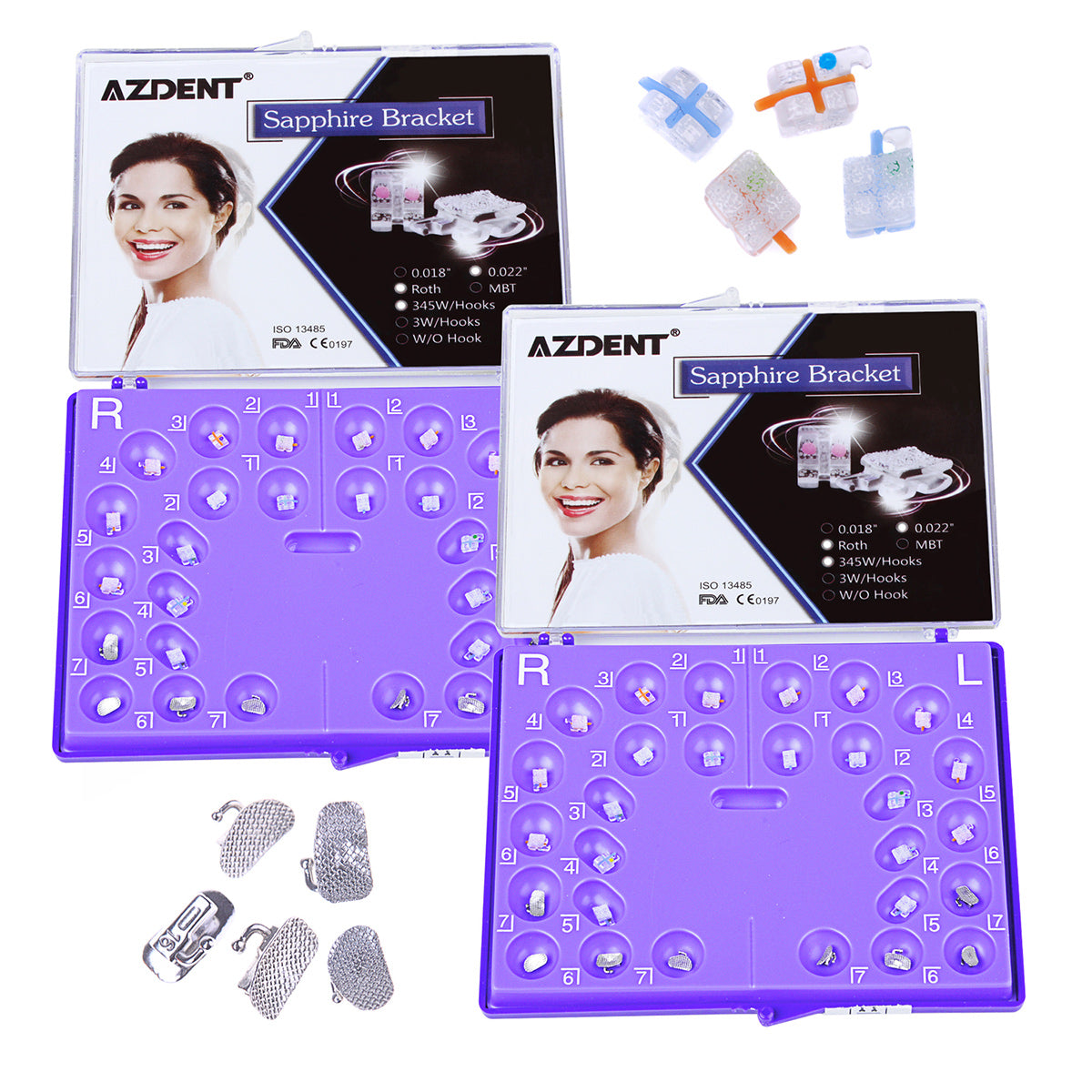 2 Boxes AZDENT Dental Orthodontic Ceramic Bracket Positioning Monocrystalline Sapphire Buccal Tube Mini Roth 0.022 345Hooks 28pcs/Kit - azdentall.com